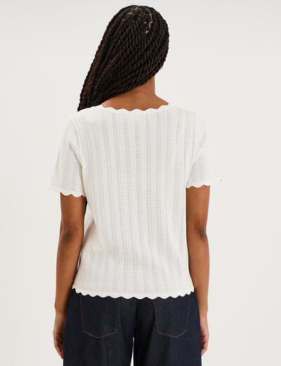 Pull ajour&eacute; col rond manches courtes blanc femme