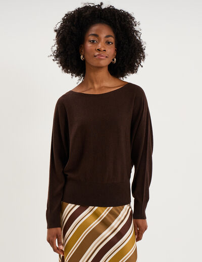 Pull encolure bateau manches longues marron fonc&eacute; femme