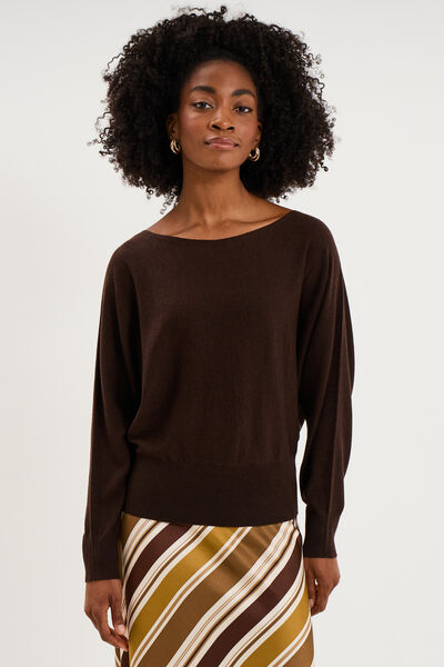 Pull encolure bateau manches longues marron fonc&eacute; femme