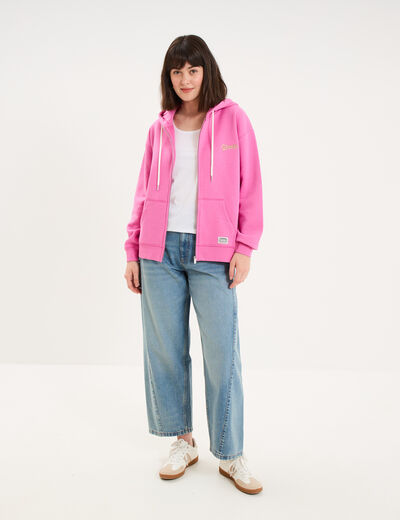 Sweat zipp&eacute; &agrave; capuche rose fushia femme
