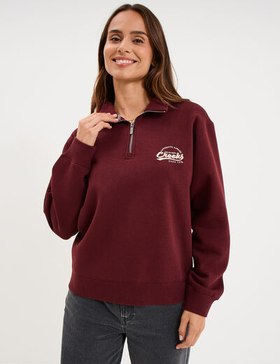 Sweat col camionneur zipp&eacute; violet fonc&eacute; femme