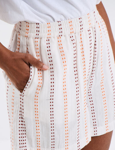 Short taille &eacute;lastiqu&eacute;e gaze de coton ecru femme