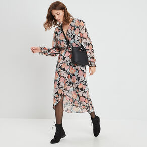 Robe longue fluide col cache-coeur noir femme