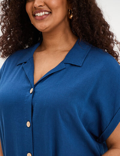 Robe chemise courte lin m&eacute;lang&eacute; bleu marine femme grande taille