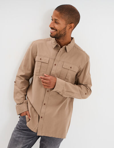 Chemise manches retroussables taupe homme