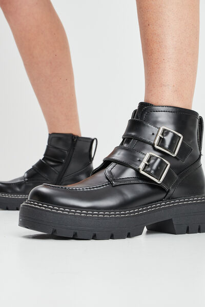 Bottines crantées avec boucles noir femme