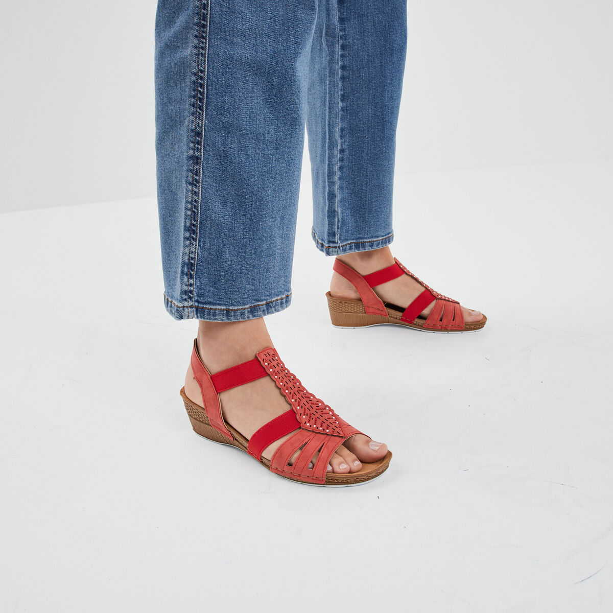 Sandales compens&eacute;es cuir Confortissimo rouge femme