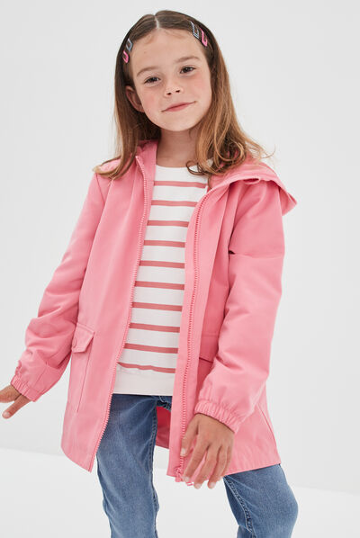 Parka longue zippée à capuche rose corail fille
