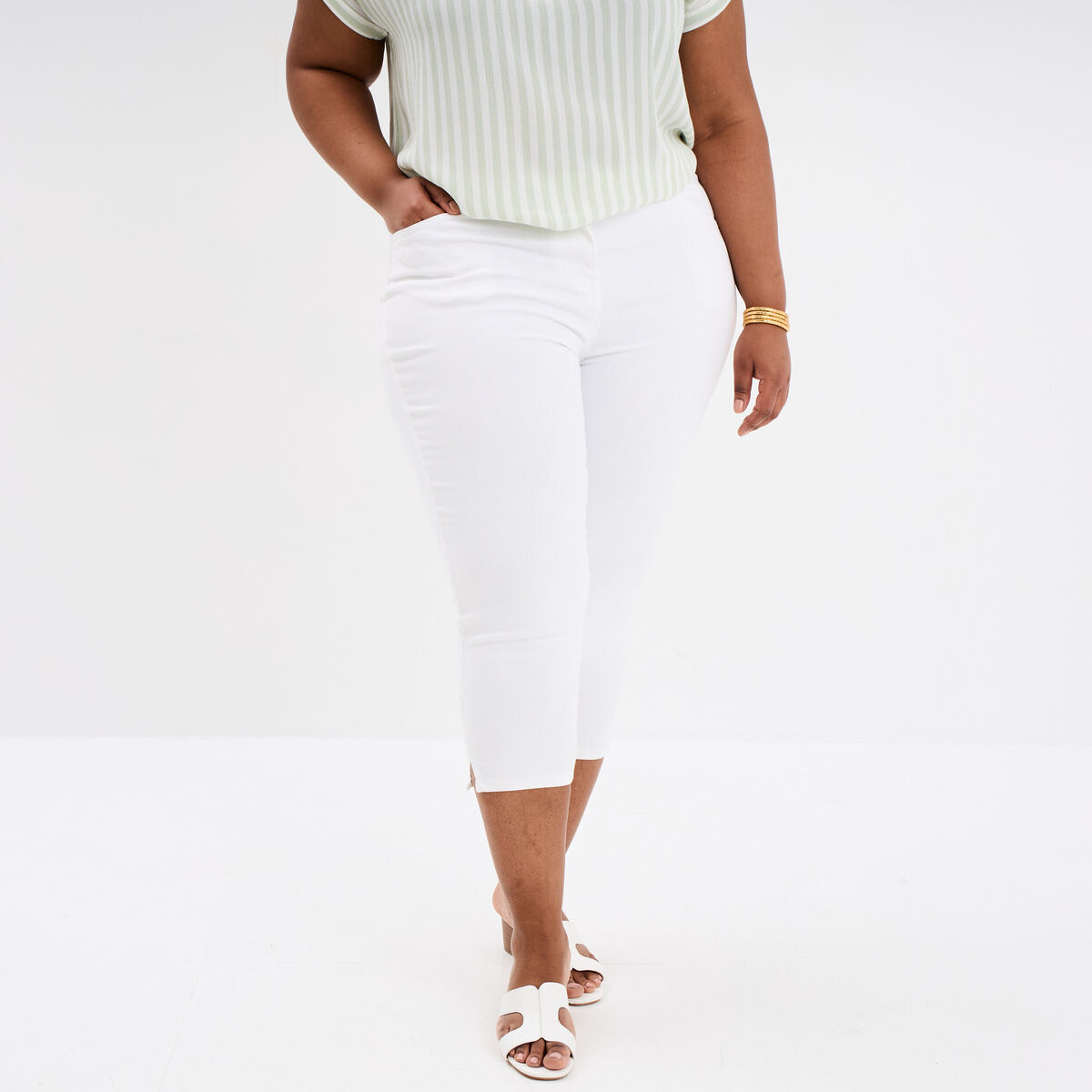 Pantalon capri skinny taille haute blanc femme grande taille