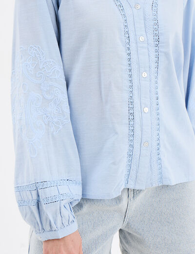 Blouse manches ballons brodées bleu ciel femme