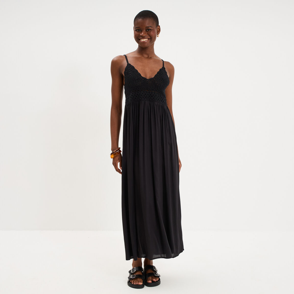 Robe longue buste effet crochet noir femme