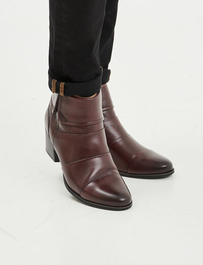 Bottines à talons en cuir pied large bordeaux femme