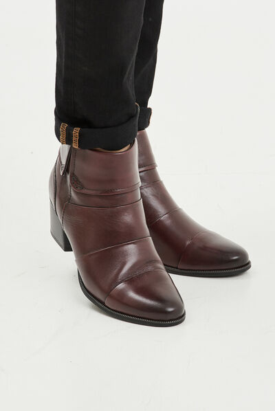Bottines à talons en cuir pied large bordeaux femme