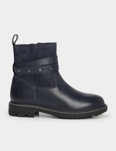 Bottines brides à clous en cuir bleu marine fille