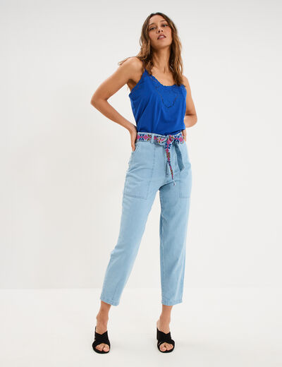 Jean mom cropped taille haute &agrave; ceinture denim triple stone femme
