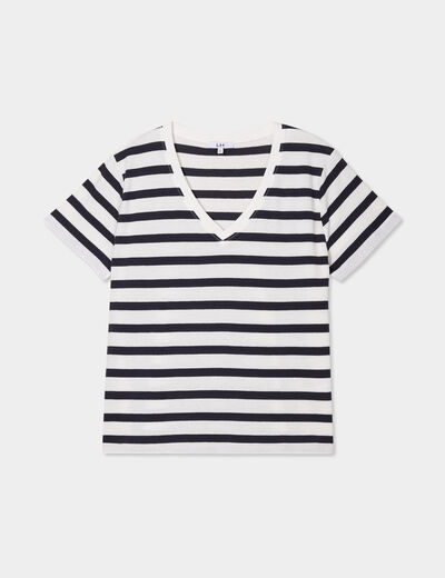 T-shirt col en V manches courtes coton ecru femme