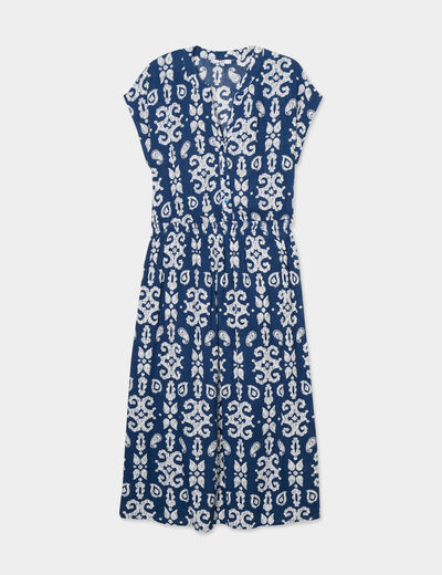 Robe longue cr&eacute;pon col tunisien bleu marine femme
