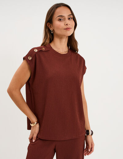 T-shirt gaufr&eacute; col rond avec boutons bordeaux femme