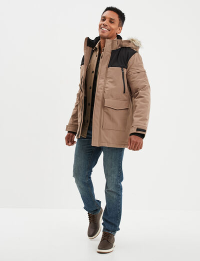 Parka capuche fausse fourrure amovible taupe homme