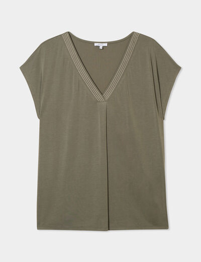 T-shirt col en V manches courtes vert kaki femme grande taille