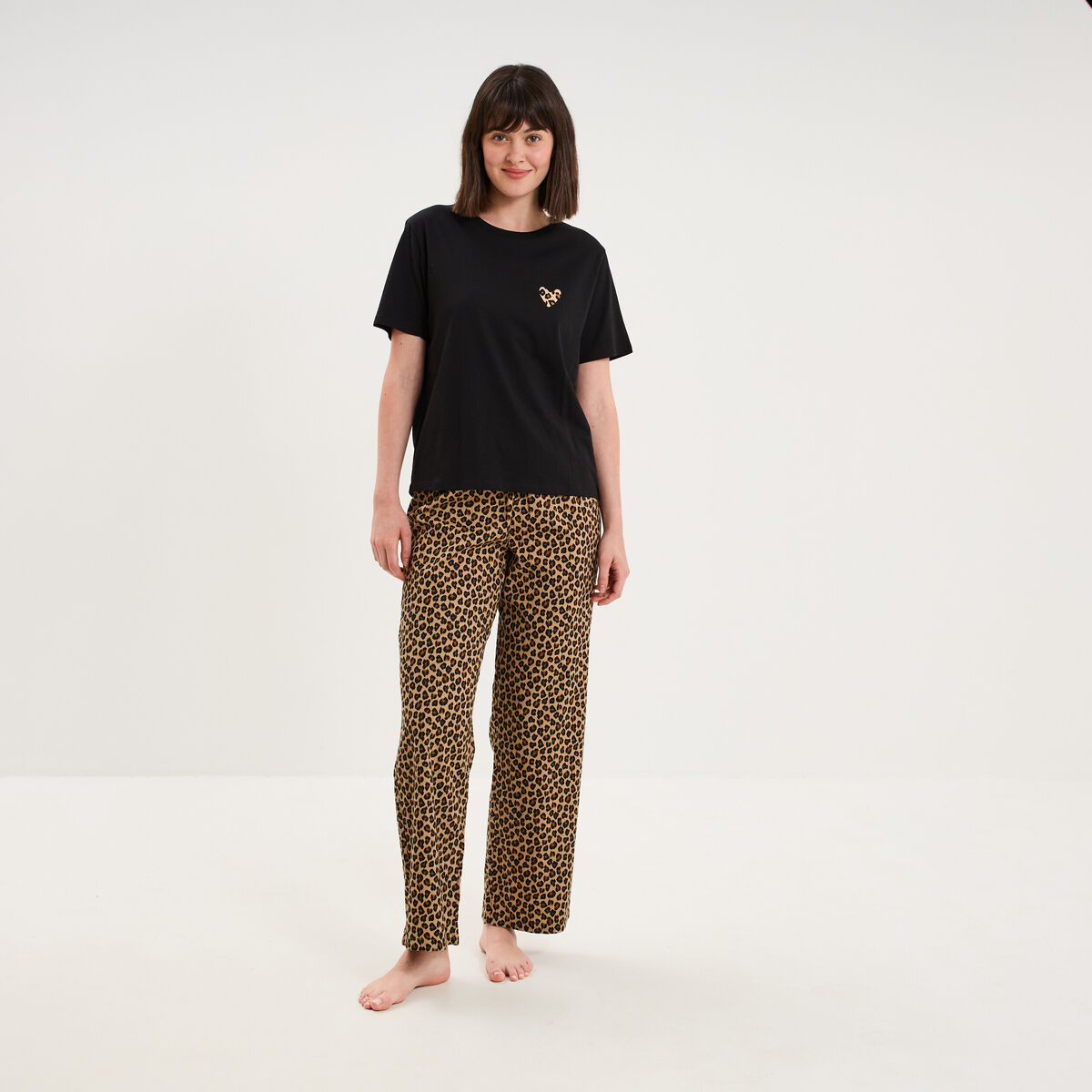 T-shirt col rond manches courtes coton noir femme