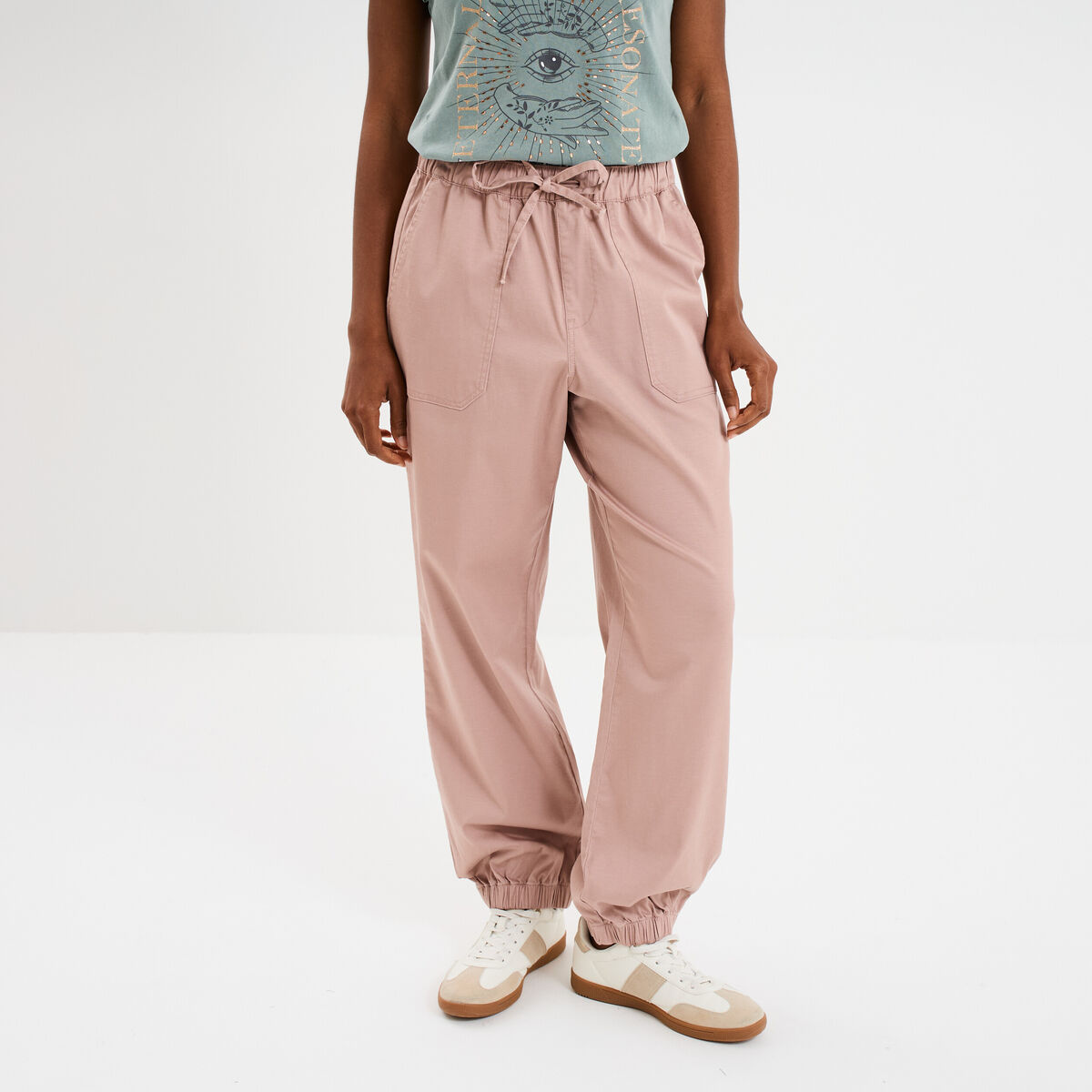 Pantalon droit battle taille élastiquée rose poudrée femme