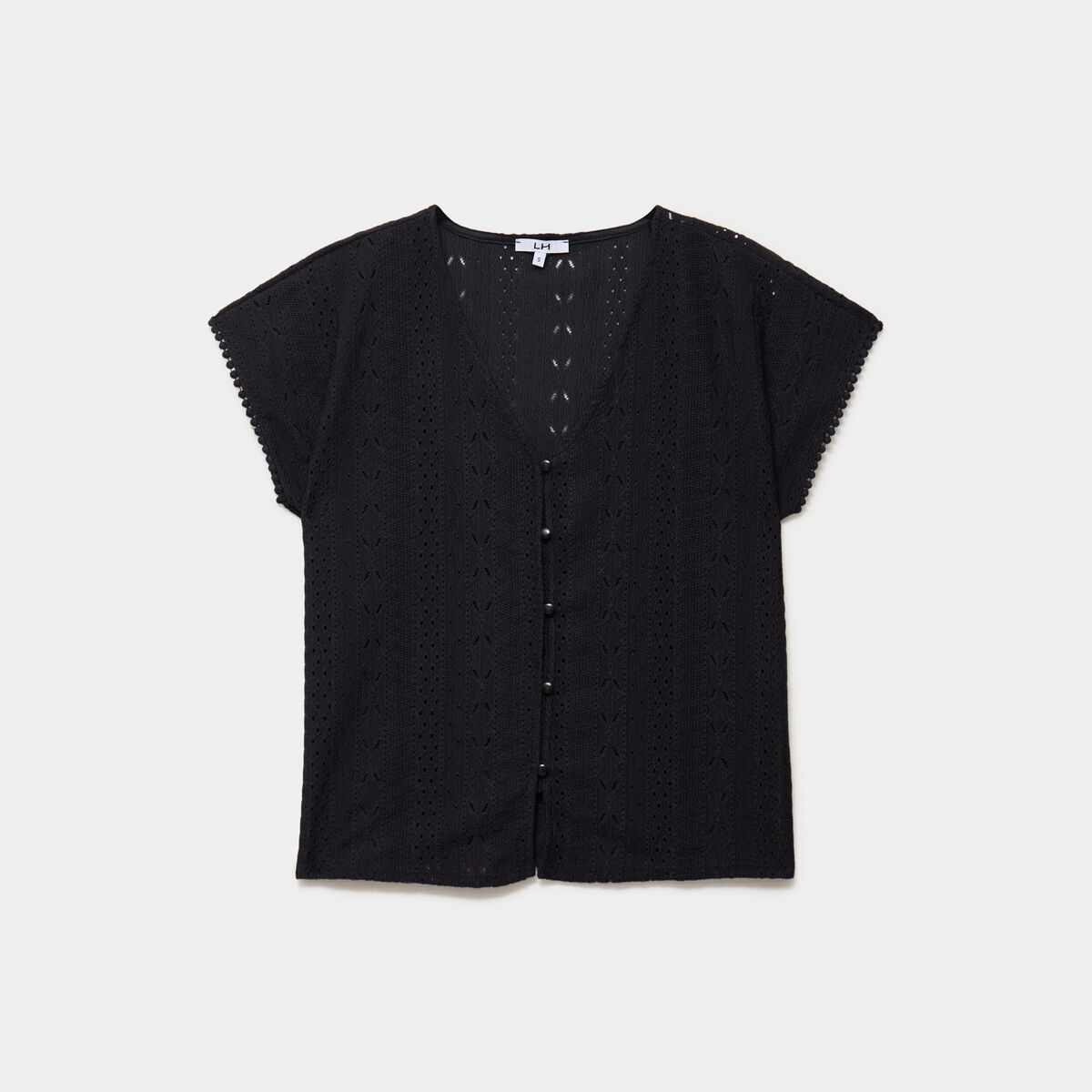 T-shirt broderie anglaise col en V noir femme