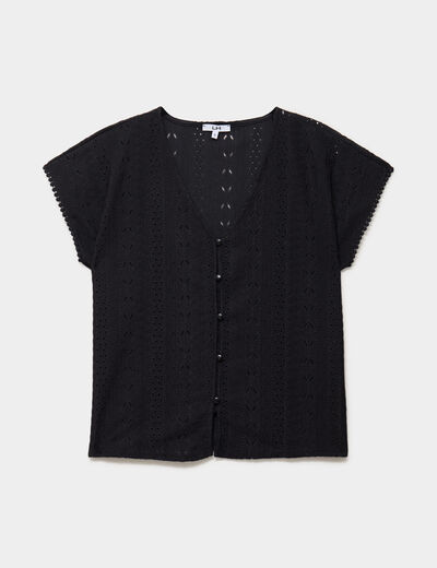 T-shirt broderie anglaise col en V noir femme