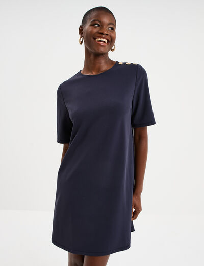Robe droite cr&ecirc;pe manches courtes bleu fonc&eacute; femme