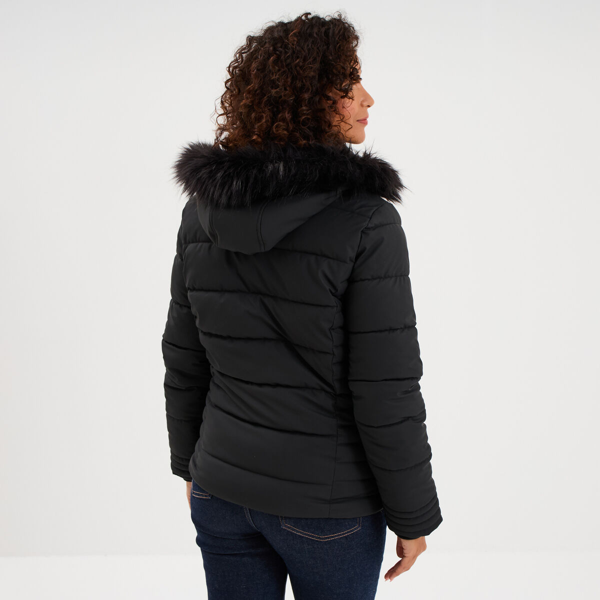 Doudoune simili cuir &agrave; capuche noir femme