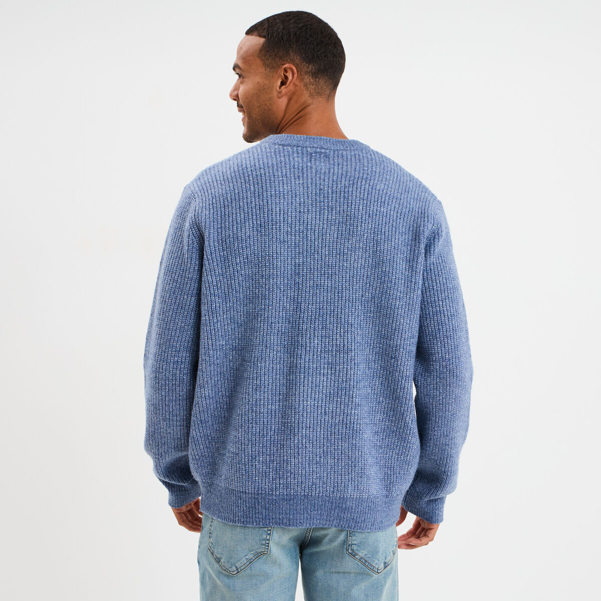 Pull col rond &agrave; manches longues bleu fonc&eacute; homme