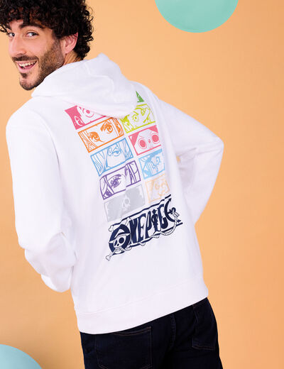 Sweat hoodie 1 poche coton One Piece blanc homme