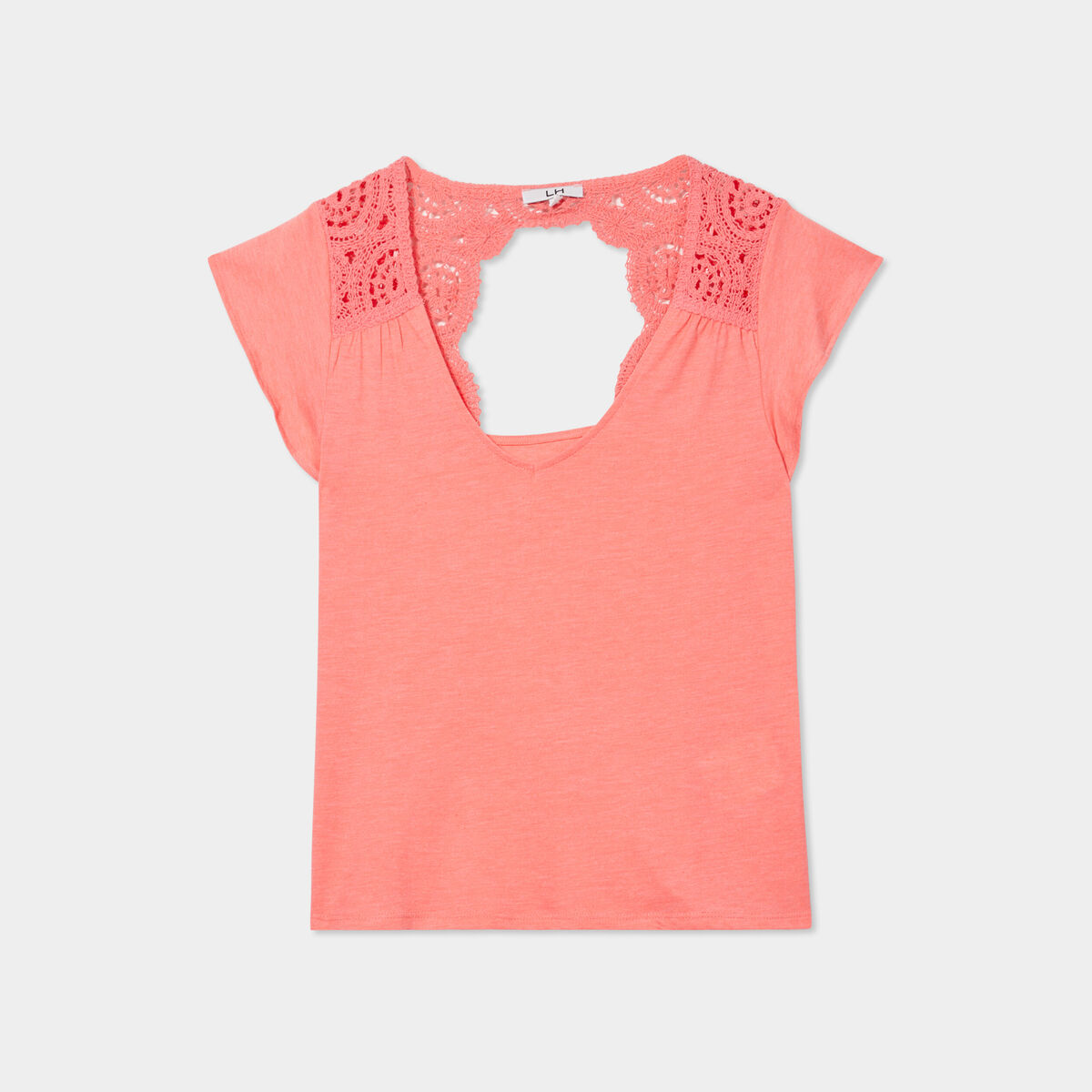 T-shirt épaules et dos macramé rose corail femme