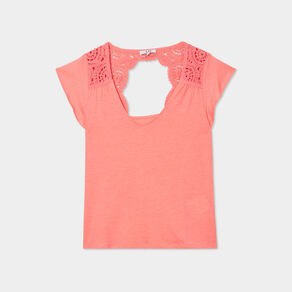 T-shirt épaules et dos macramé rose corail femme