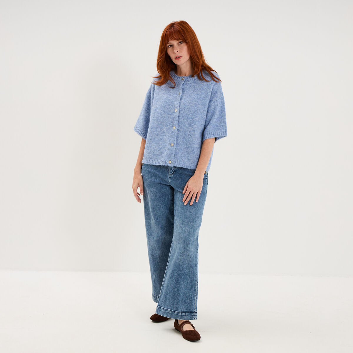 Gilet boutonn&eacute; manches courtes col rond bleu ciel femme