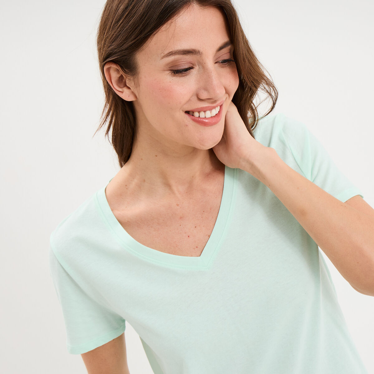 T-shirt manches courtes col en V coton vert clair femme