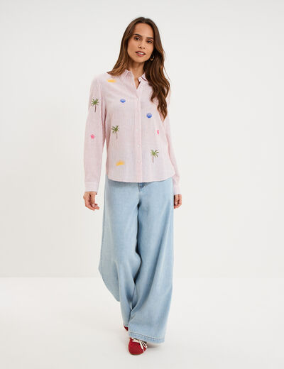 Chemise brod&eacute;e manches longues rouge femme