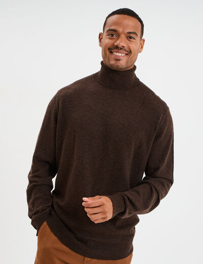 Pull col roul&eacute; manches longues marron fonc&eacute; homme