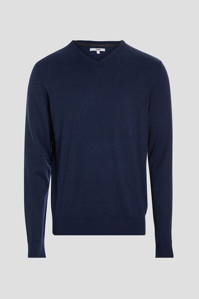 Pull jersey avec col en V bleu marine homme