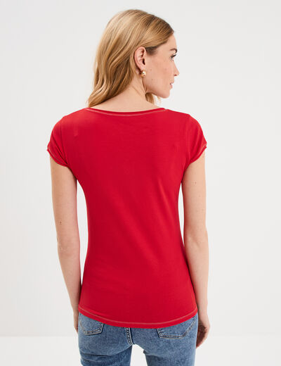 T-shirt col V ajust&eacute; manches courtes rouge femme