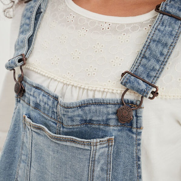 Salopette short ceinturée en jean denim double stone fille
