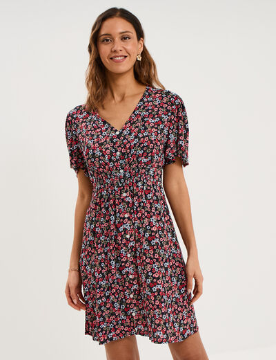 Robe fluide manches courtes col en V noir femme