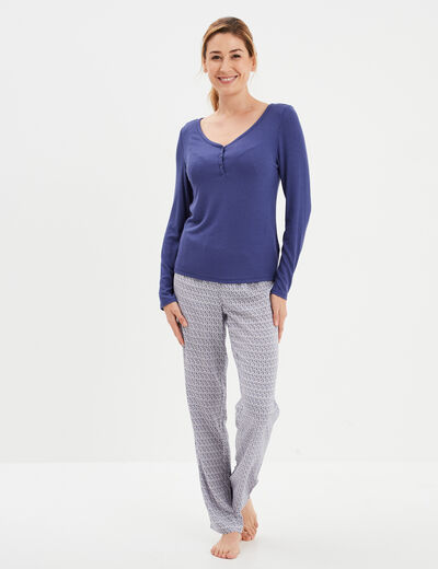 Ensemble pyjama manches longues 2 pièces bleu femme