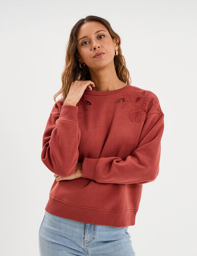 Sweat ajour&eacute; avec broderie col rond vieux rose femme