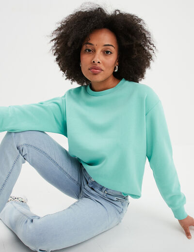 Sweat col rond manches longues bleu turquoise femme