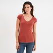 T-shirt col V ajusté manches courtes vieux rose femme