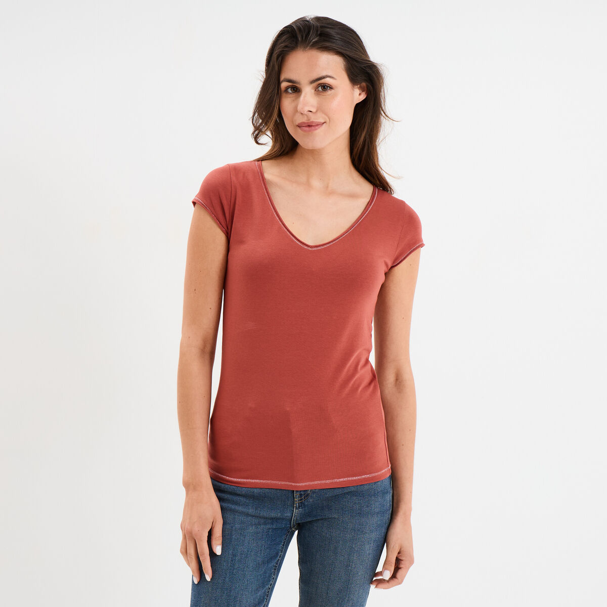 T-shirt col V ajusté manches courtes vieux rose femme