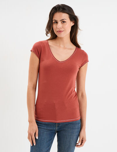 T-shirt col V ajusté manches courtes vieux rose femme