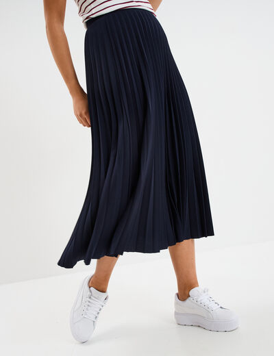 Jupe midi plissée patineuse bleu foncé femme