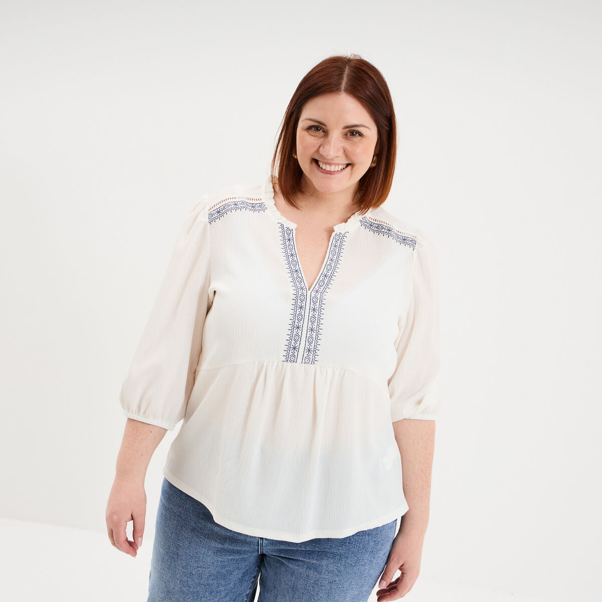 Blouse manches ballons 3/4 ecru femme grande taille